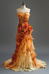 Gradient Orange Mermaid Sweetheart Neck Beaded Long Semi Formal Prom Dress Layered Lace Applique Wedding Dress Evening Dressed01634